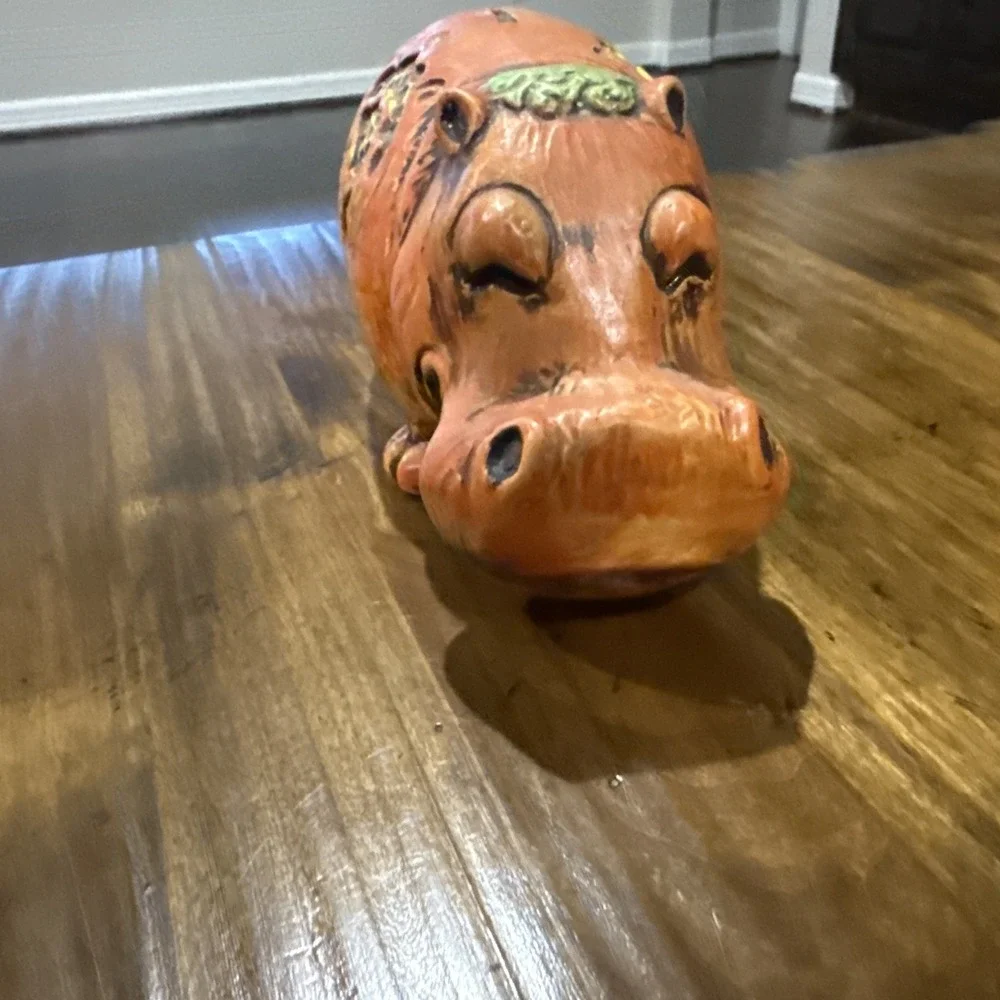 Vintage 70's Kitschy Boho Orange Floral Ceramic Bank Hippopotamus House Hippo